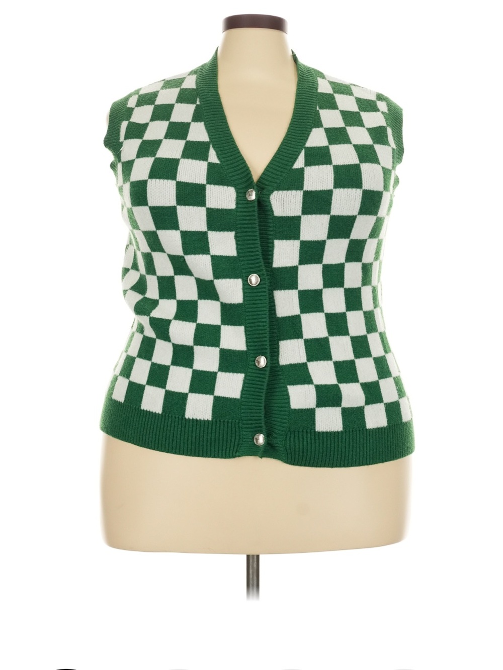 Green and White Checkered V-Neck Knit Button Vest
